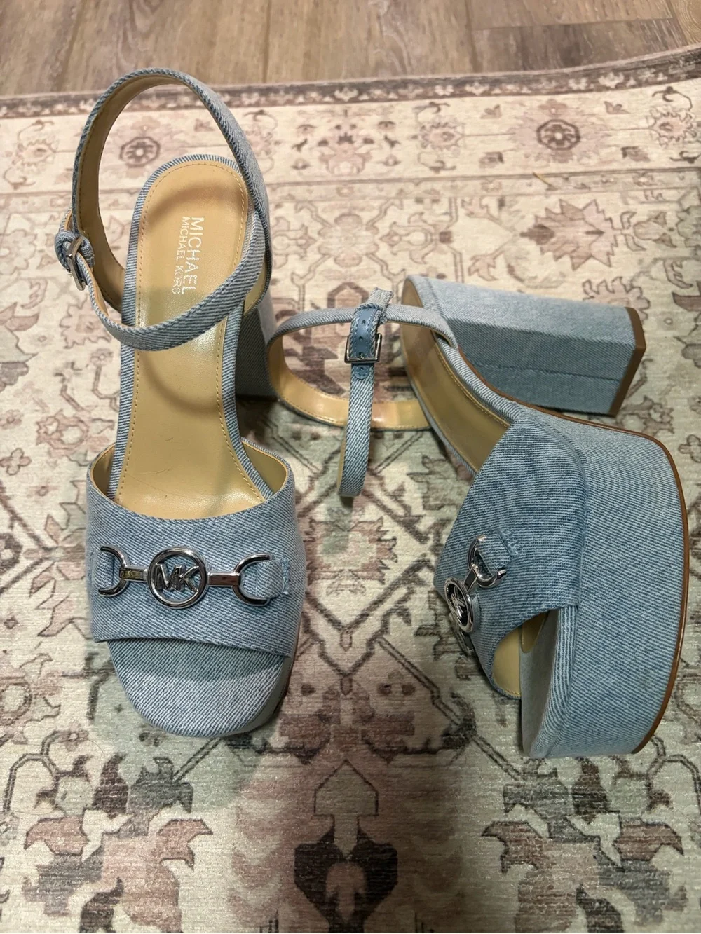 Michael Kors Light Blue Denim Platform Block Heel Sandals